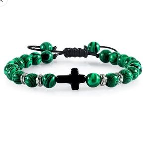 Green Beaded Cross Adjustable Bracelet NWOT